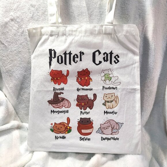 Potter Cats White Cloth Tote Bag 15.25”x13.75” Harry Hermione Magic Hogwarts NEW - Picture 1 of 6